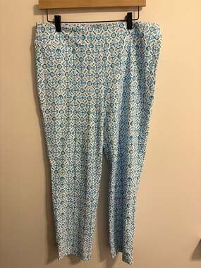 J. McLaughlin Women's Lexi Pull-On Ankle Pants Blue White Tile Geometric Print